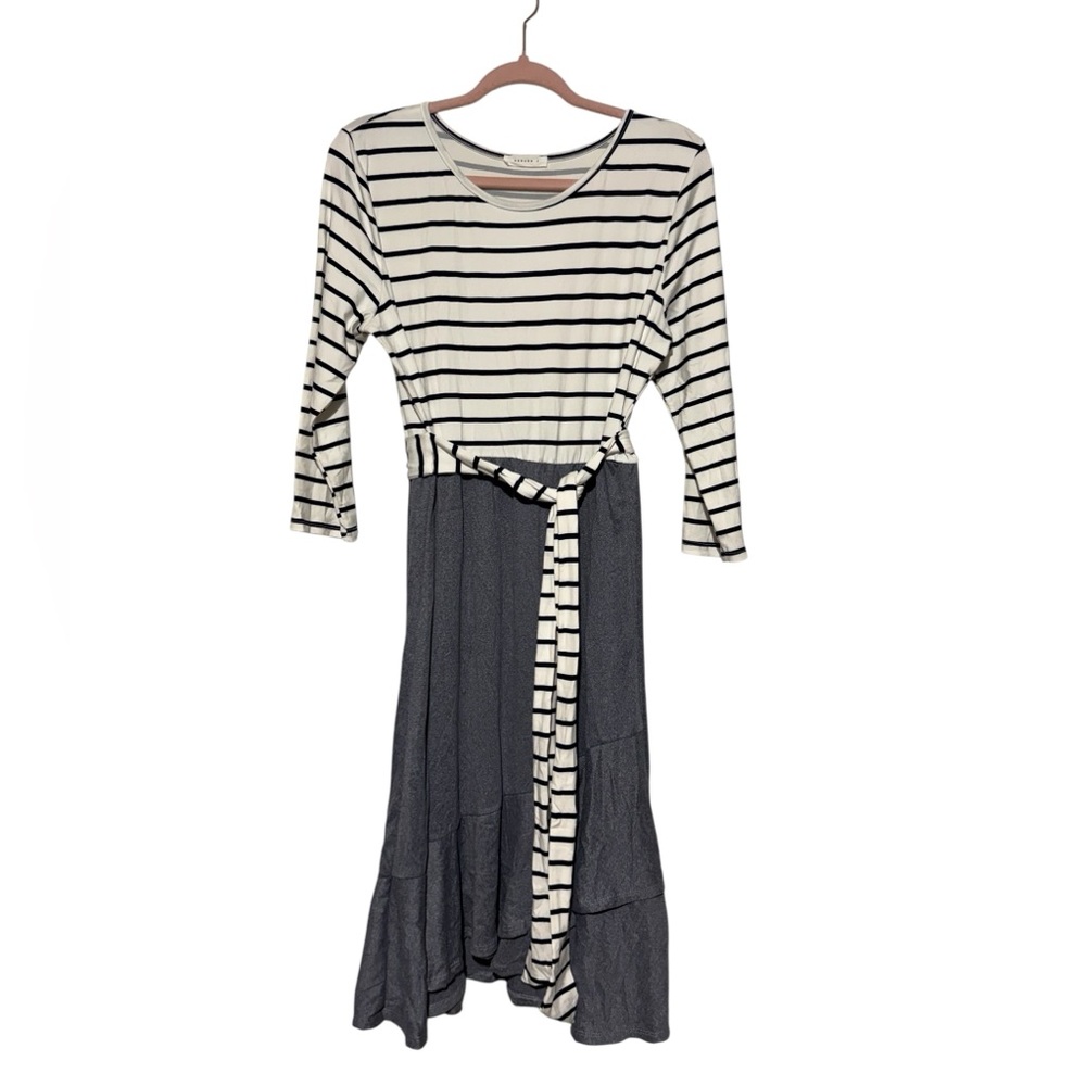 Reborn J Long Modest Midi Dress Size XL Striped Ruffle Belted Church Stretch